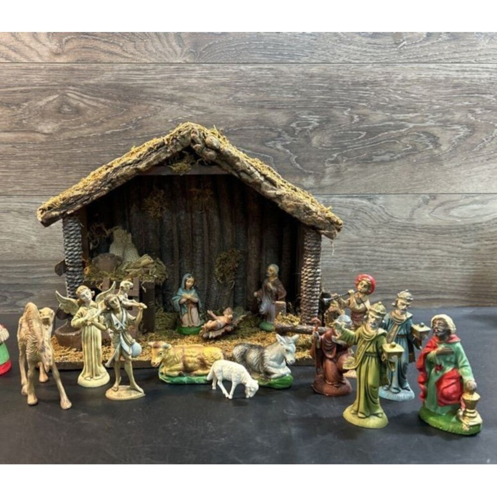 Vtg Italian Nativity Set 15 Pc Stable & 14 Figures - Fontanini Moranduzzo Style